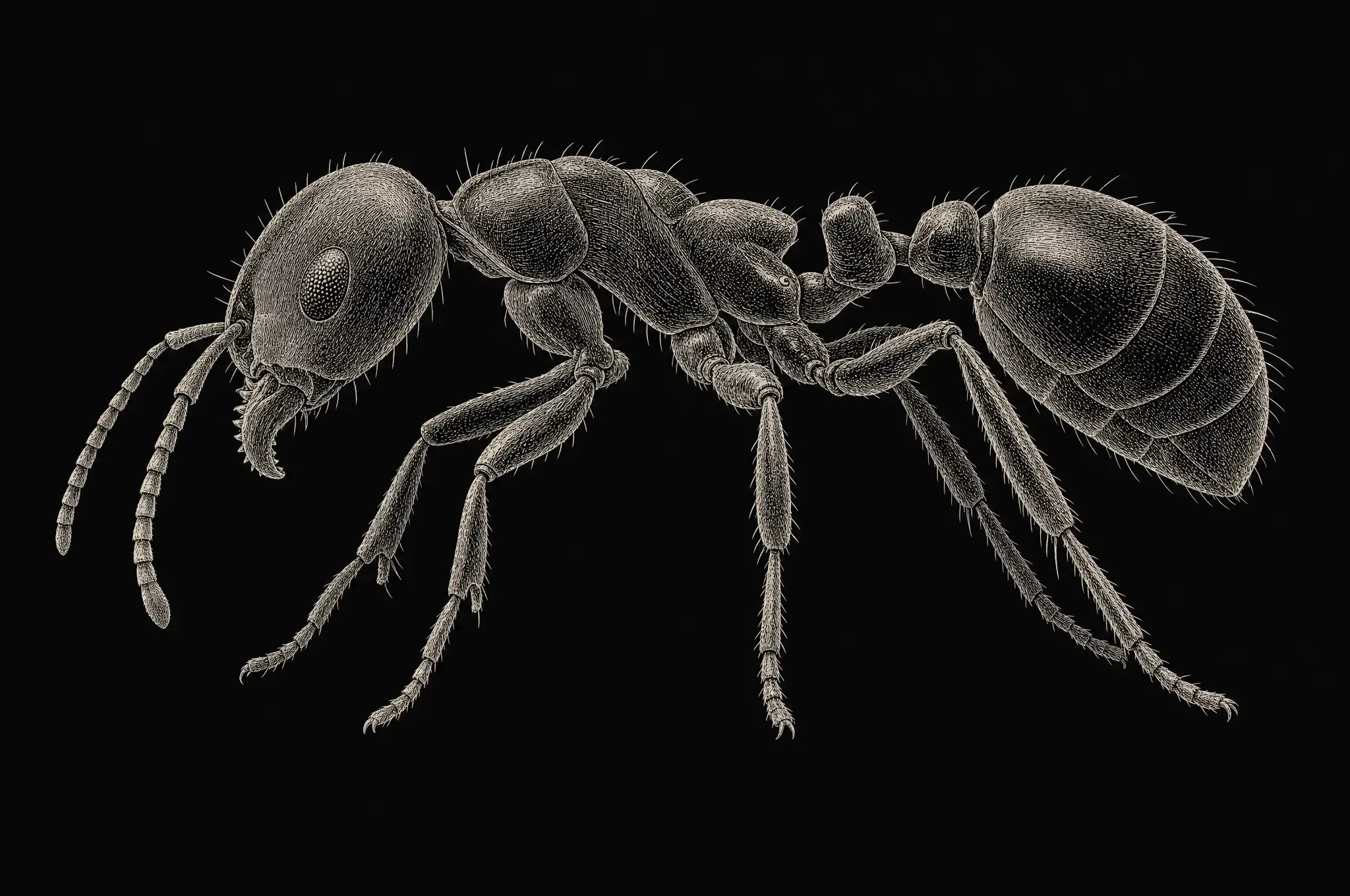 Engraved specimen illustration of a fire ant in side profile, drawn in fine ivory linework on near-black